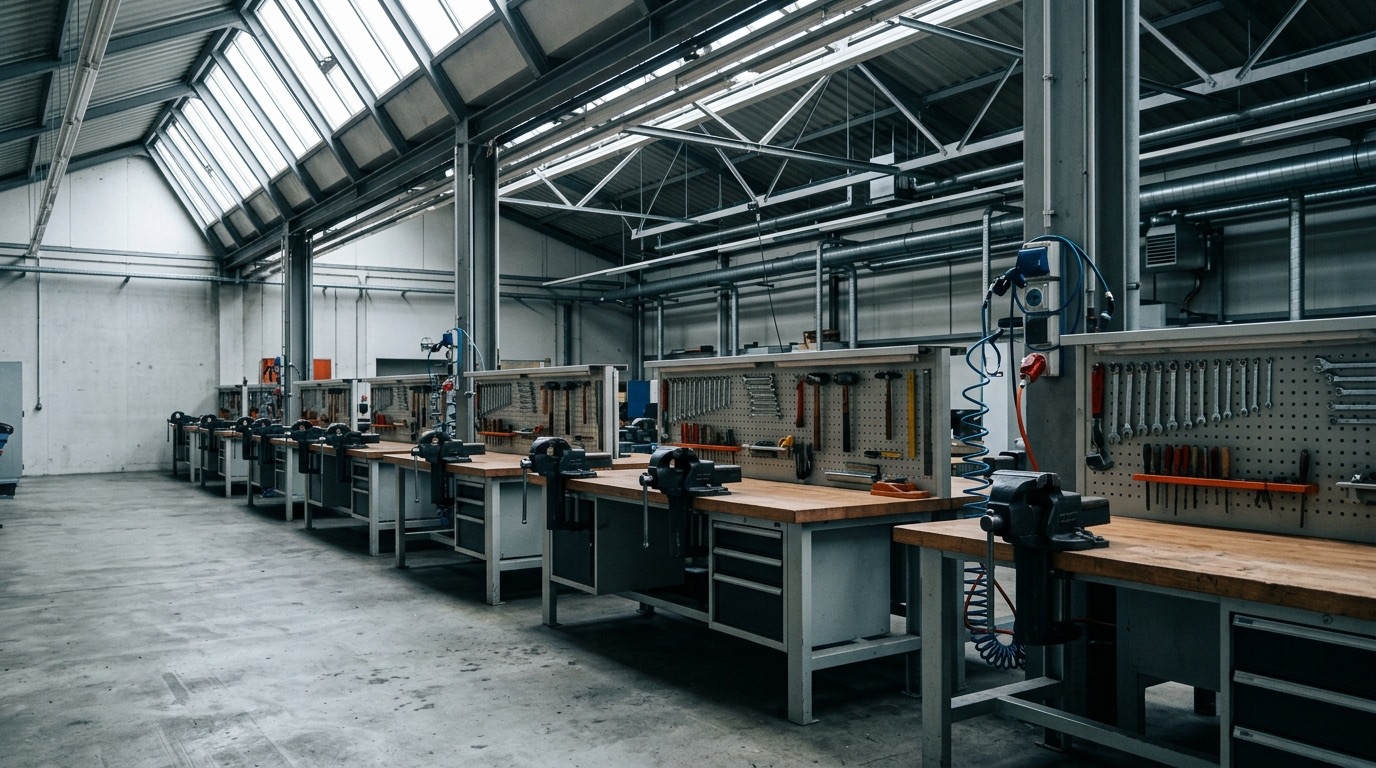 Empty training workshop, a row of workbenches with vices under skylights, tool boards behind them