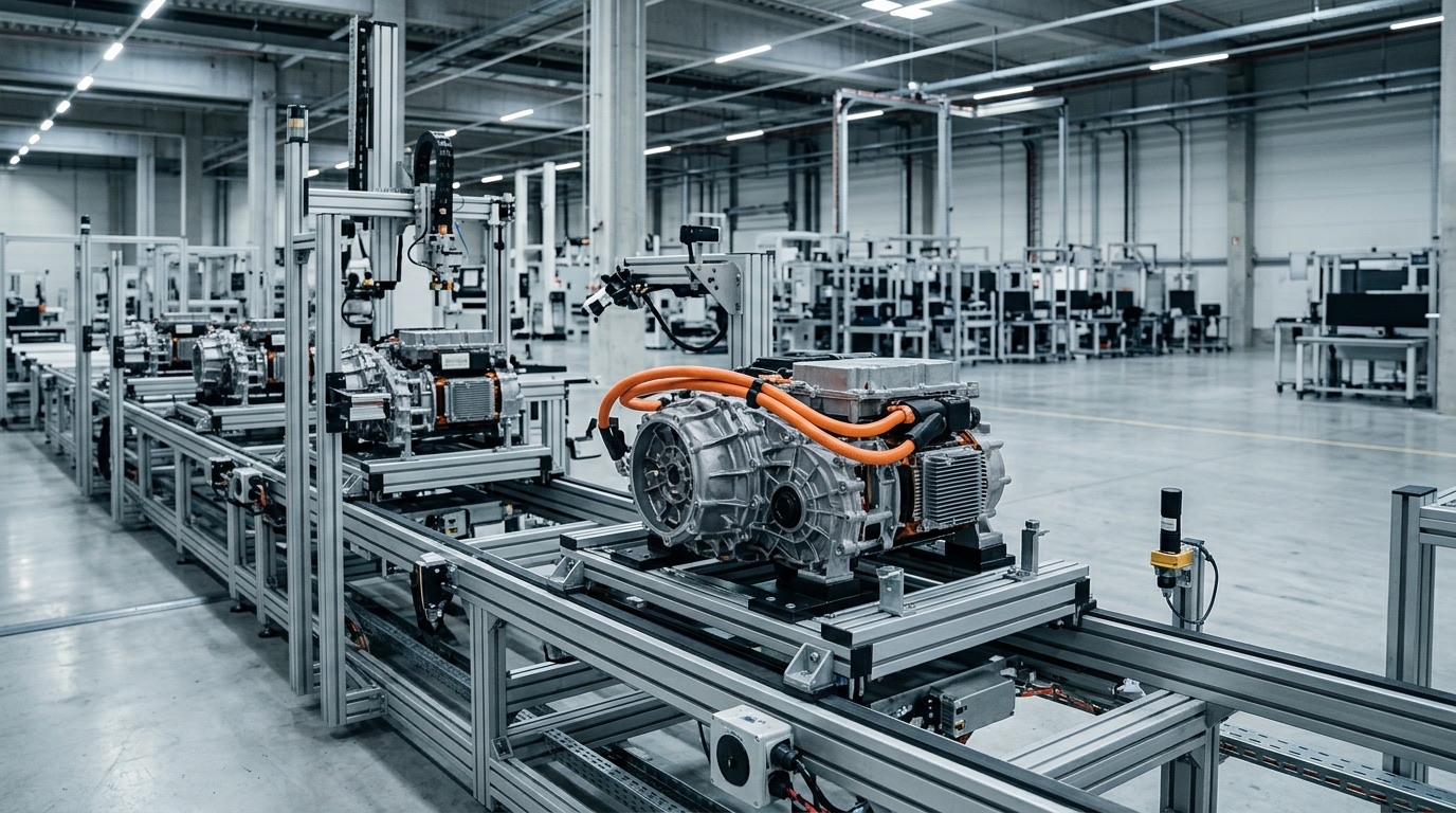Elektrische Antriebseinheit mit orangefarbenen Hochvoltkabeln auf einer stehenden Montagelinie, Halle menschenleer, kaltes Licht