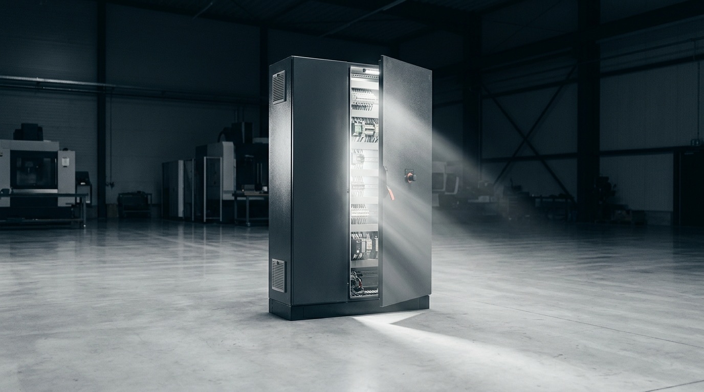 A single control cabinet in an empty hall, one door ajar with light spilling out