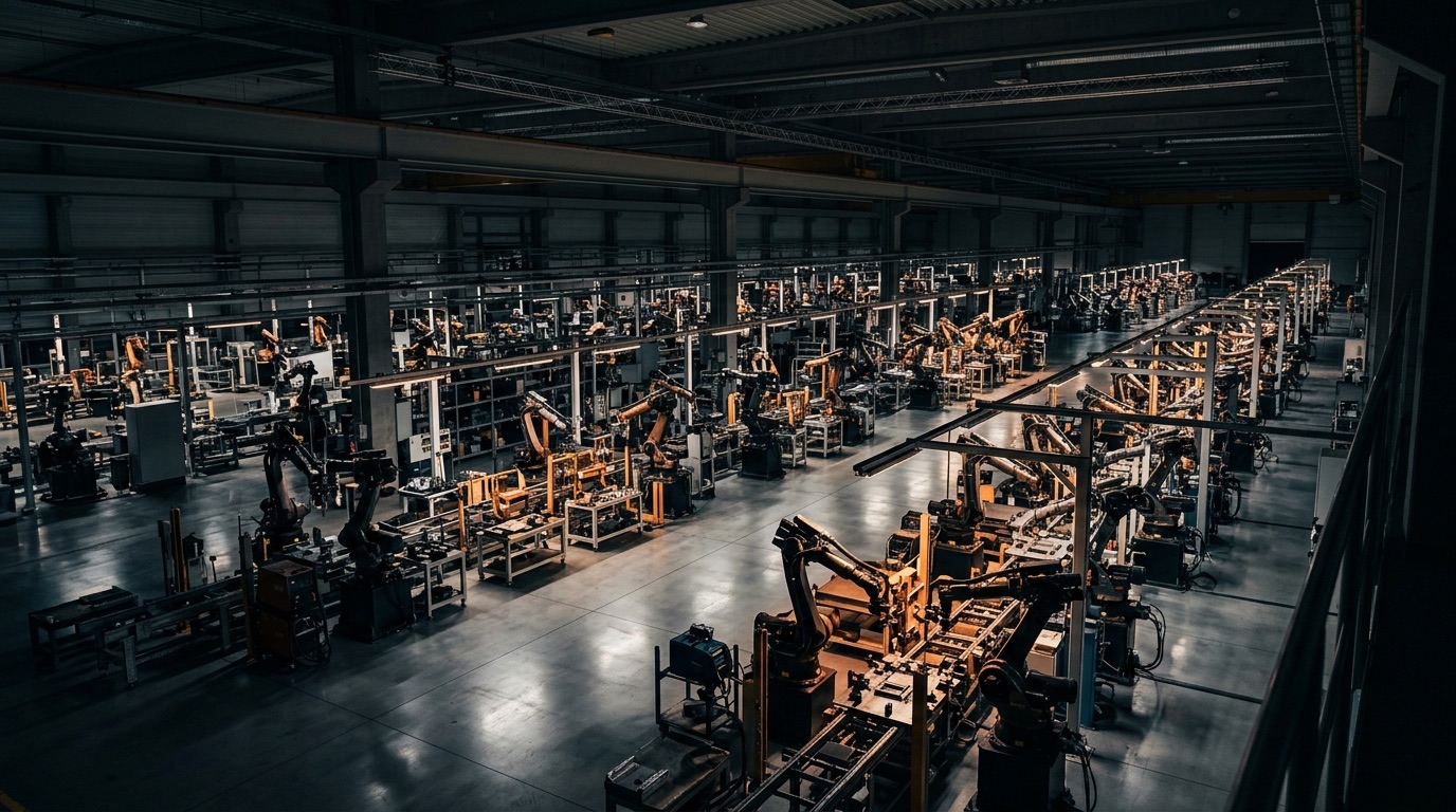Menschenleere Fertigungshalle von oben, einzelne Arbeitsplätze beleuchtet, Anlage steht still