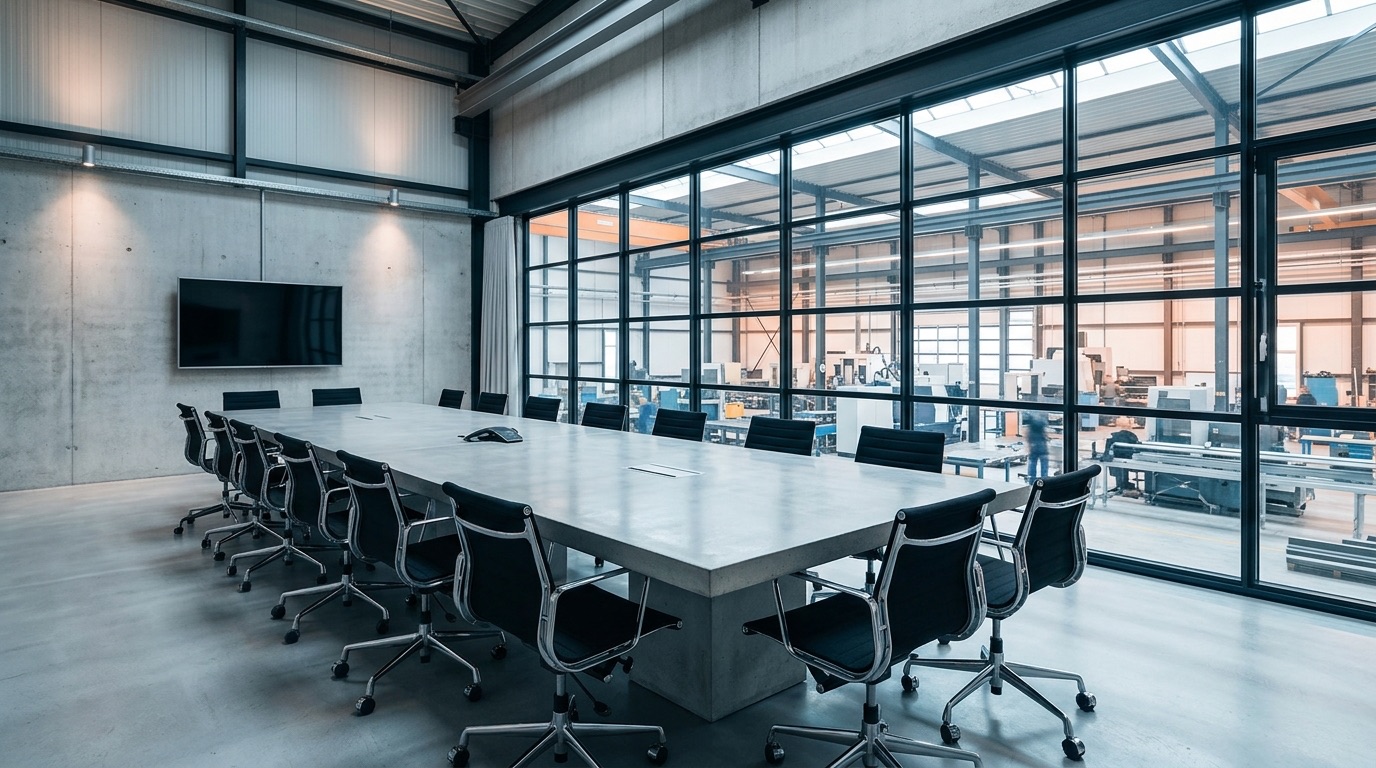 Empty meeting room with a long table and chairs, the plant floor visible through the glass wall behind it