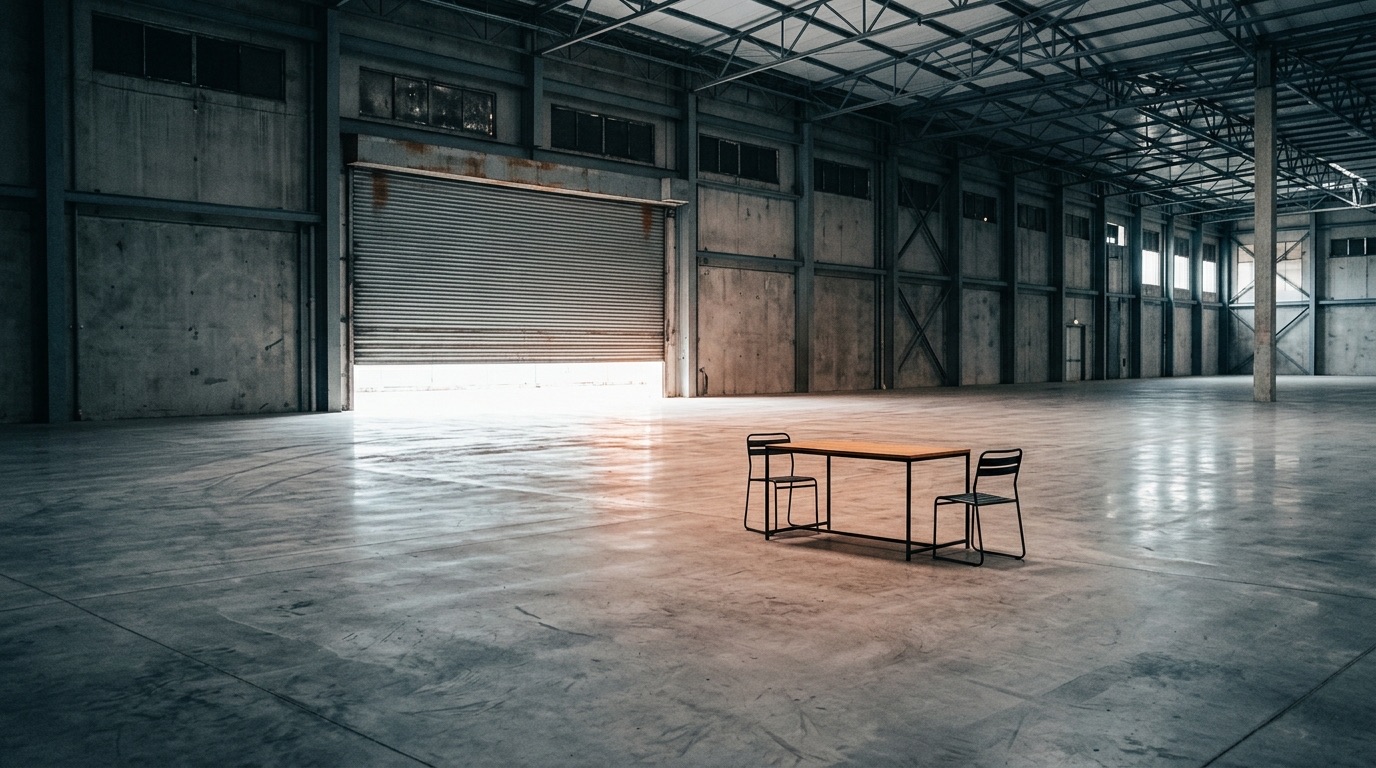A small table with two empty chairs in an empty hall, a half open roller door behind