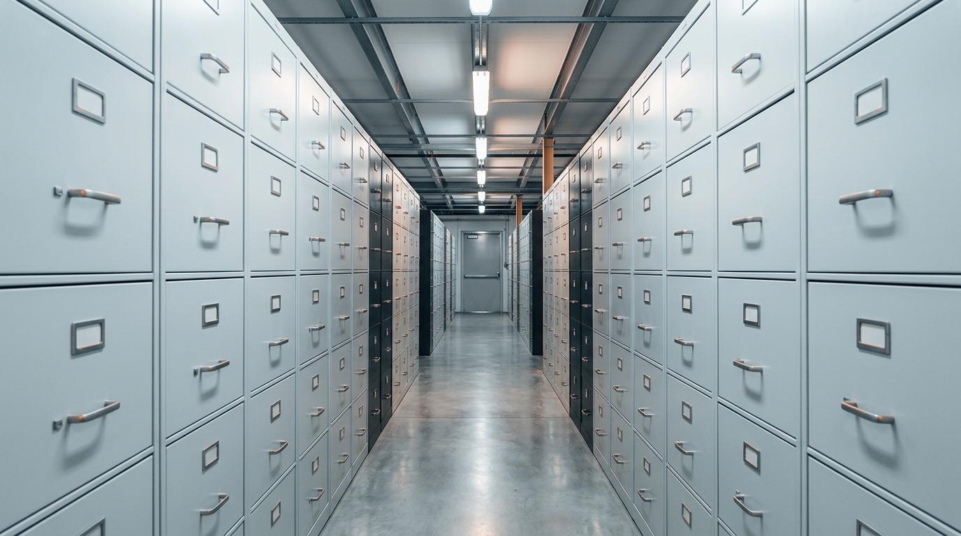 Rows of closed metal filing cabinets in a plain archive room